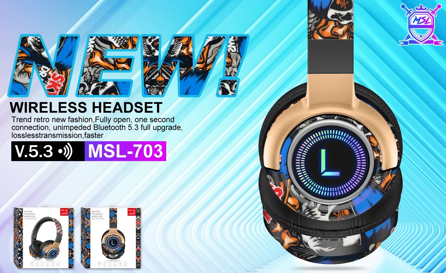 #LED Graffiti Wireless Bluetooth Headsets Hifi Stereo Foldable Headphone Sport Gamer Earphone Noise Reduction Headsets Handsfree