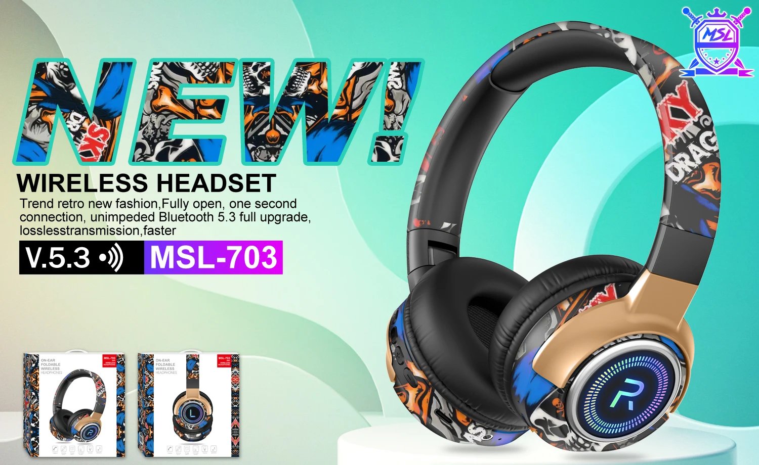 #LED Graffiti Wireless Bluetooth Headsets Hifi Stereo Foldable Headphone Sport Gamer Earphone Noise Reduction Headsets Handsfree