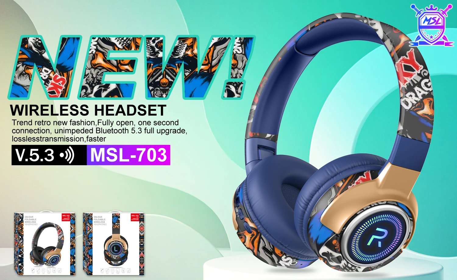 #LED Graffiti Wireless Bluetooth Headsets Hifi Stereo Foldable Headphone Sport Gamer Earphone Noise Reduction Headsets Handsfree