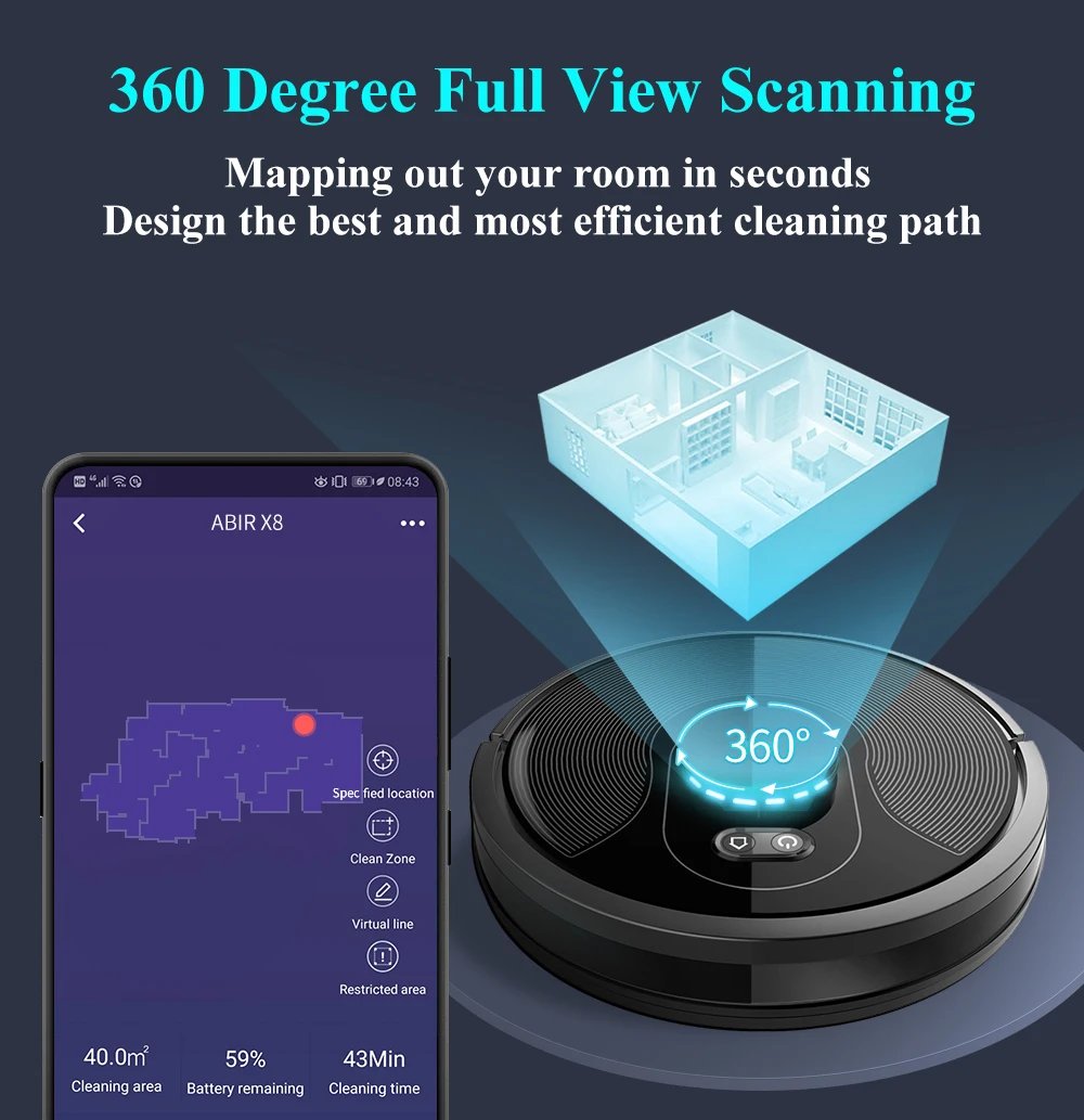 ABIR X8 Robot Vacuum Cleaner ,Laser System, Multiple Floors Maps, Zone Cleaning,Restricted Area Setting for Home Carpet Cleaning