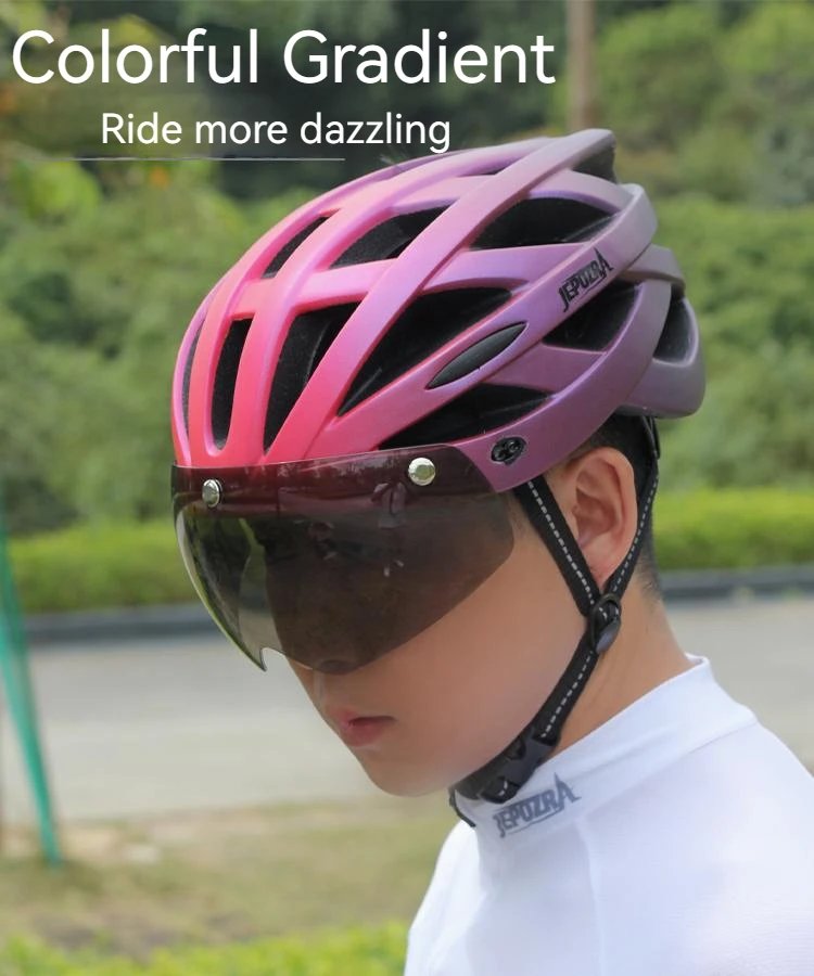 JEPOZRA LED Bike Helmet with Sun Goggle Visor for Men, Rechargeable Bicycle Helmet, Sunglasses Shield, Road MTB Cycling Helmets