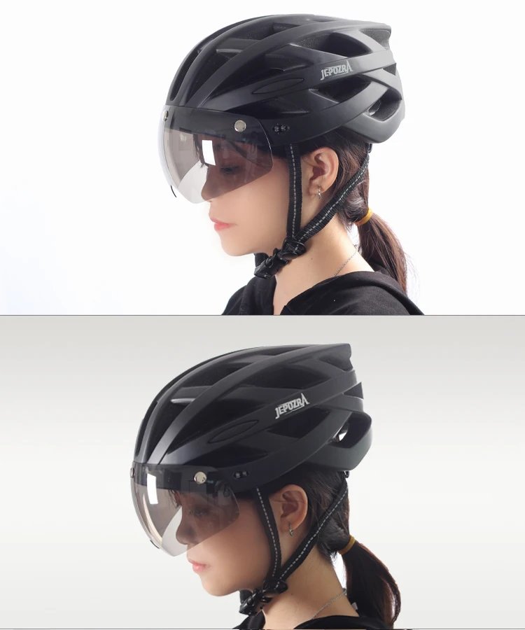 JEPOZRA LED Bike Helmet with Sun Goggle Visor for Men, Rechargeable Bicycle Helmet, Sunglasses Shield, Road MTB Cycling Helmets