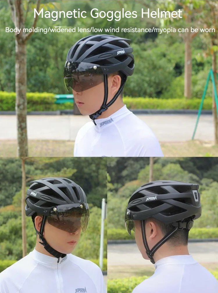 JEPOZRA LED Bike Helmet with Sun Goggle Visor for Men, Rechargeable Bicycle Helmet, Sunglasses Shield, Road MTB Cycling Helmets