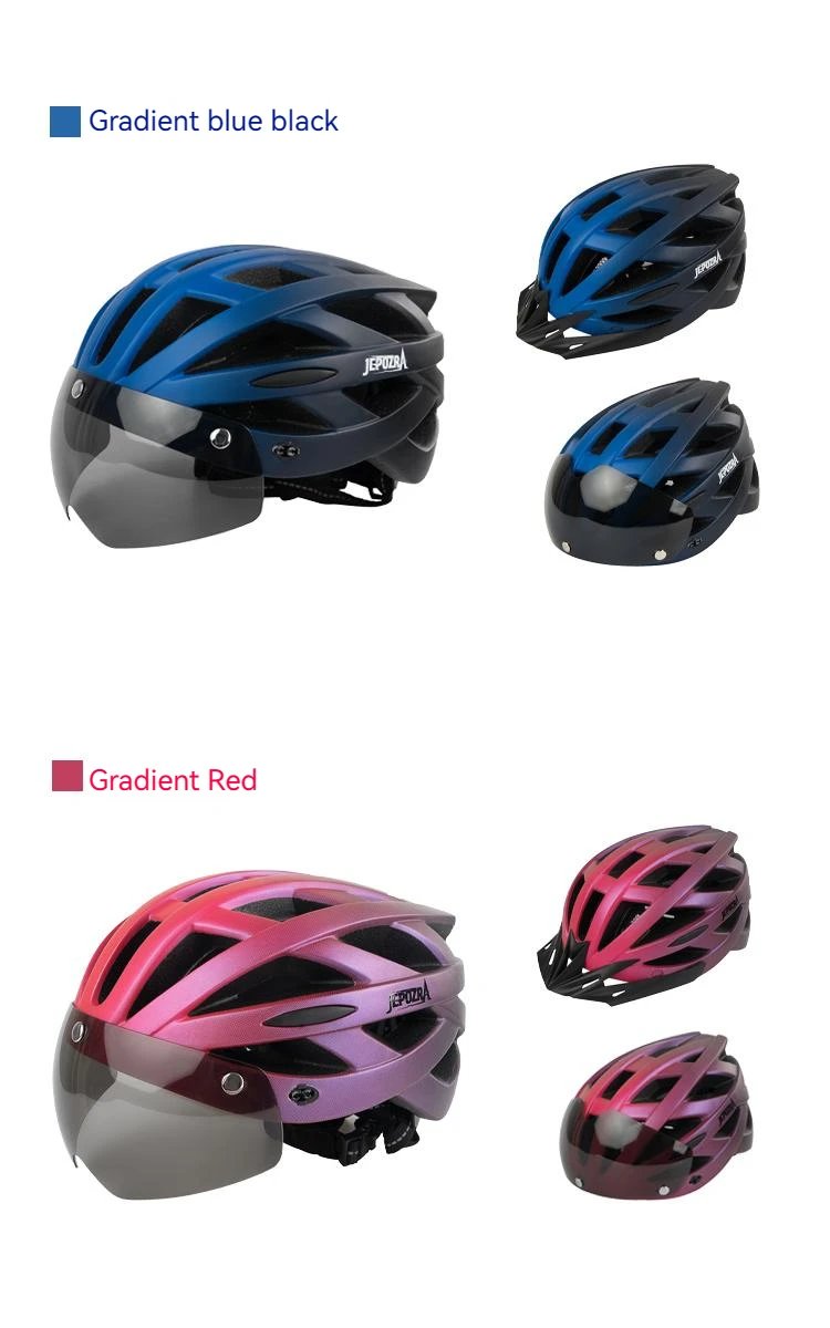 JEPOZRA LED Bike Helmet with Sun Goggle Visor for Men, Rechargeable Bicycle Helmet, Sunglasses Shield, Road MTB Cycling Helmets