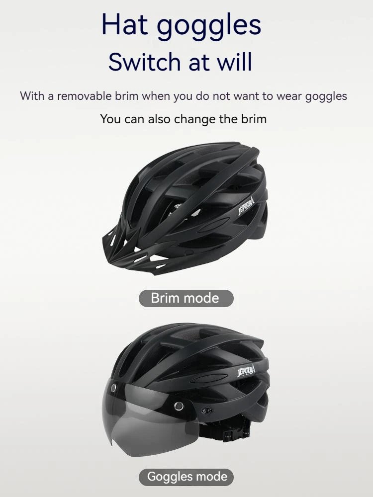 JEPOZRA LED Bike Helmet with Sun Goggle Visor for Men, Rechargeable Bicycle Helmet, Sunglasses Shield, Road MTB Cycling Helmets