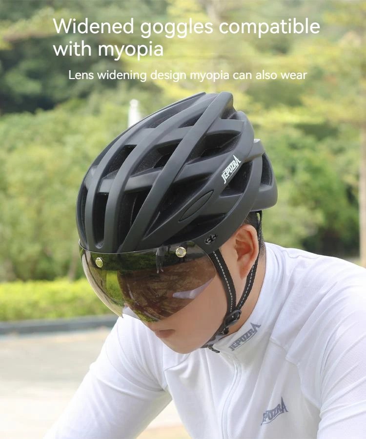 JEPOZRA LED Bike Helmet with Sun Goggle Visor for Men, Rechargeable Bicycle Helmet, Sunglasses Shield, Road MTB Cycling Helmets