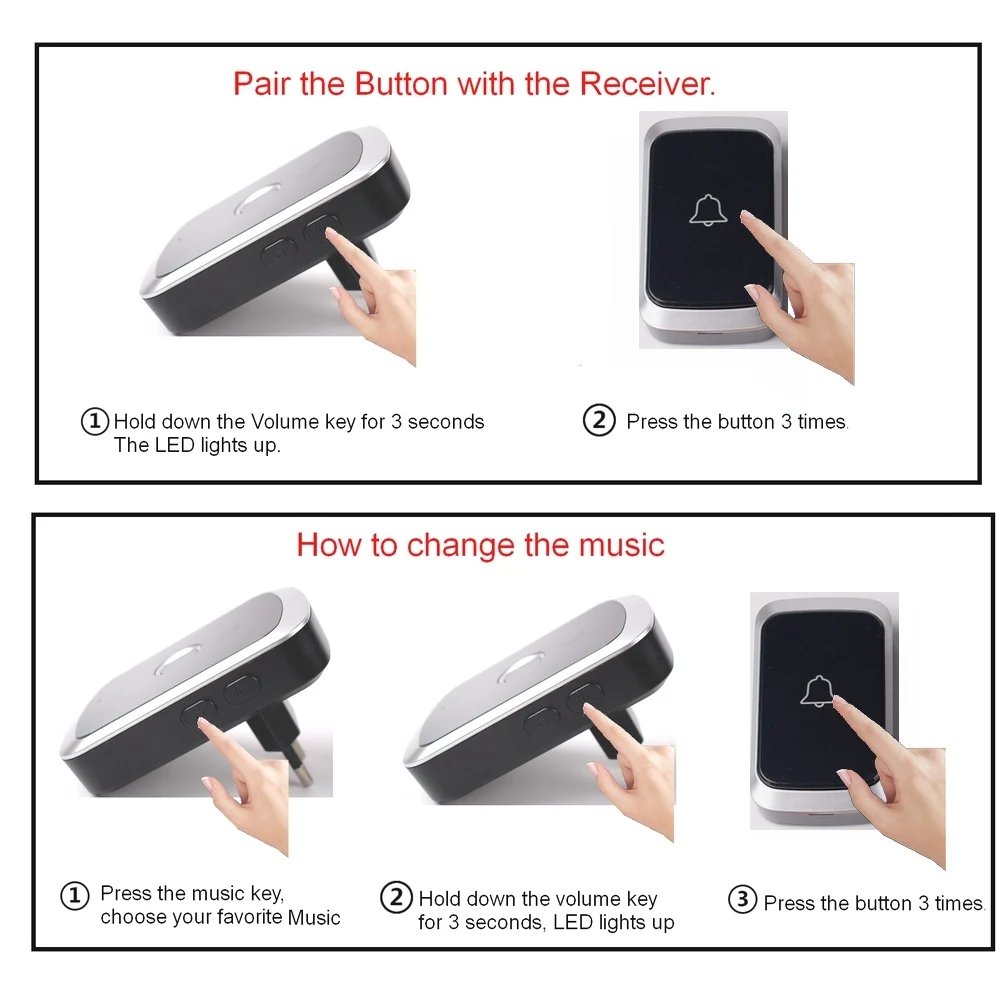 Waterproof Wireless Doorbell AC 100V-240V EU Plug Smart Remote control  Door Bell Rings with battery  included , plug and play.