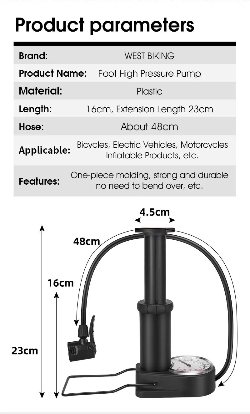 WEST BIKING 140PSI Foot Pump With Gauge Portable Bicycle Tire Inflator Motorcycle E-bike Bike Pump MTB Road Bike Accessories