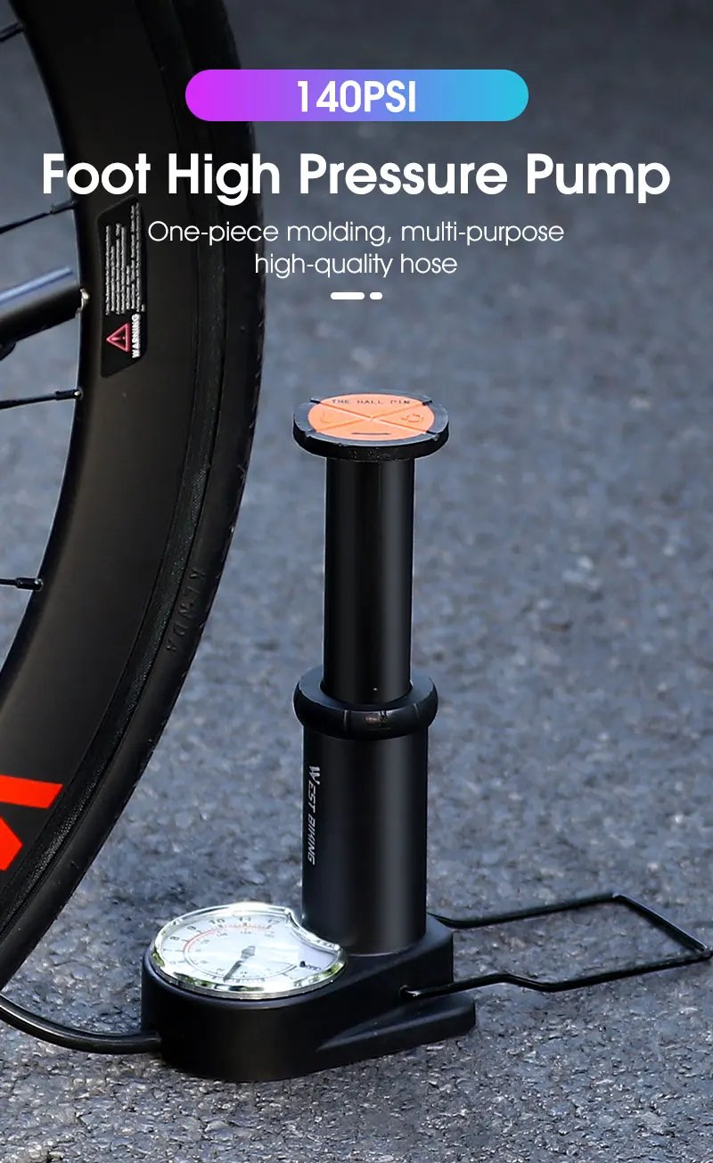 WEST BIKING 140PSI Foot Pump With Gauge Portable Bicycle Tire Inflator Motorcycle E-bike Bike Pump MTB Road Bike Accessories