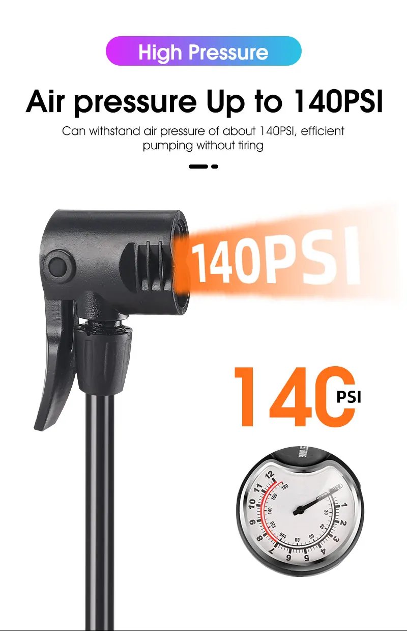 WEST BIKING 140PSI Foot Pump With Gauge Portable Bicycle Tire Inflator Motorcycle E-bike Bike Pump MTB Road Bike Accessories
