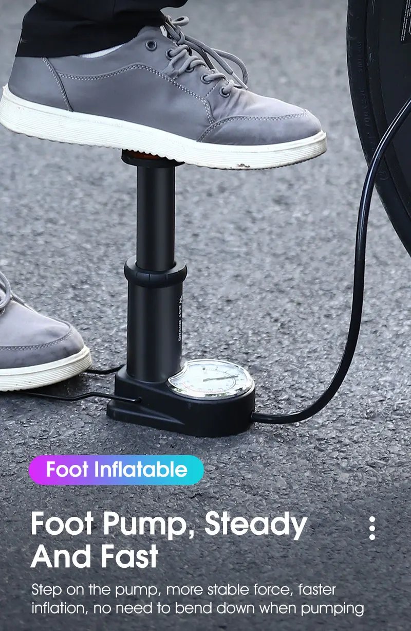 WEST BIKING 140PSI Foot Pump With Gauge Portable Bicycle Tire Inflator Motorcycle E-bike Bike Pump MTB Road Bike Accessories