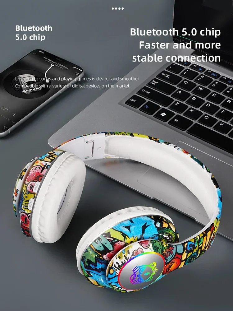 Graffiti Bluetooth Headphones Wireless LED Light Game Doodle Wireless Headsets With Mic For Kids Boy Girl Gift Support TF Card