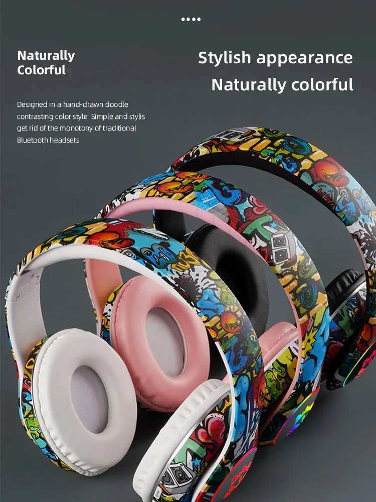 Graffiti Bluetooth Headphones Wireless LED Light Game Doodle Wireless Headsets With Mic For Kids Boy Girl Gift Support TF Card