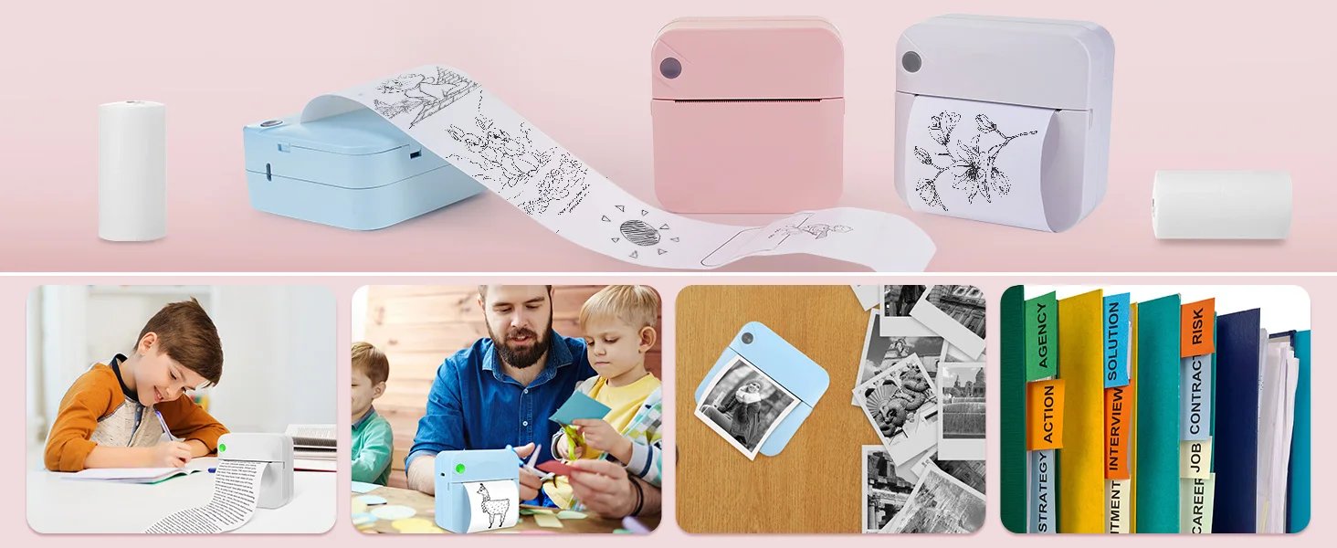 Mini Portable Printer Thermal Printing Sticker Wireless Inkless Mini Pocket Printer Self-adhesive Label Printer Photo Printer