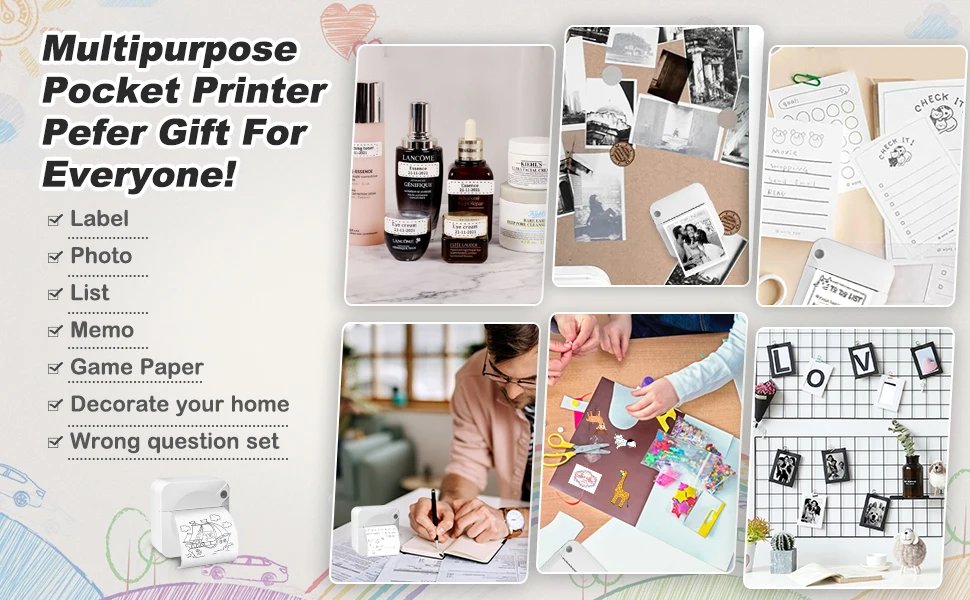 Mini Portable Printer Thermal Printing Sticker Wireless Inkless Mini Pocket Printer Self-adhesive Label Printer Photo Printer