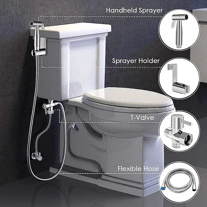Handheld bidet spray stainless steel sprayer kit with 3-way valve(G1/2 “-3/8”) used for toilet cleaning and personal hygiene