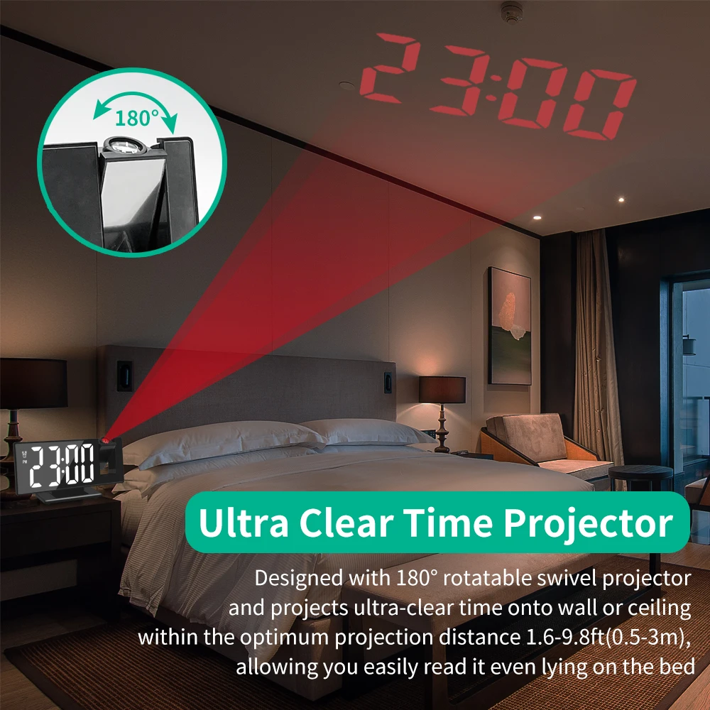 180° Arm Projection Alarm Clock Time Temperature USB Plug-in Digital Alarm Clock Snooze Table Clock 12/24H Projector LED Clock 180° Arm Projection Alarm Clock Time Temperature USB Plug-in Digital Alarm Clock Snooze Table Clock 12/24H Projector LED Clock