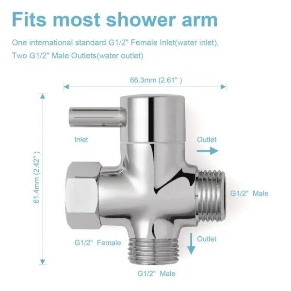 Brass 3-Way Diverter Valve G1/2" Water Separator Shower Arm Tee Adapter Faucet Cartridges for Hand Shower and Fixed Shower Head - Image 3