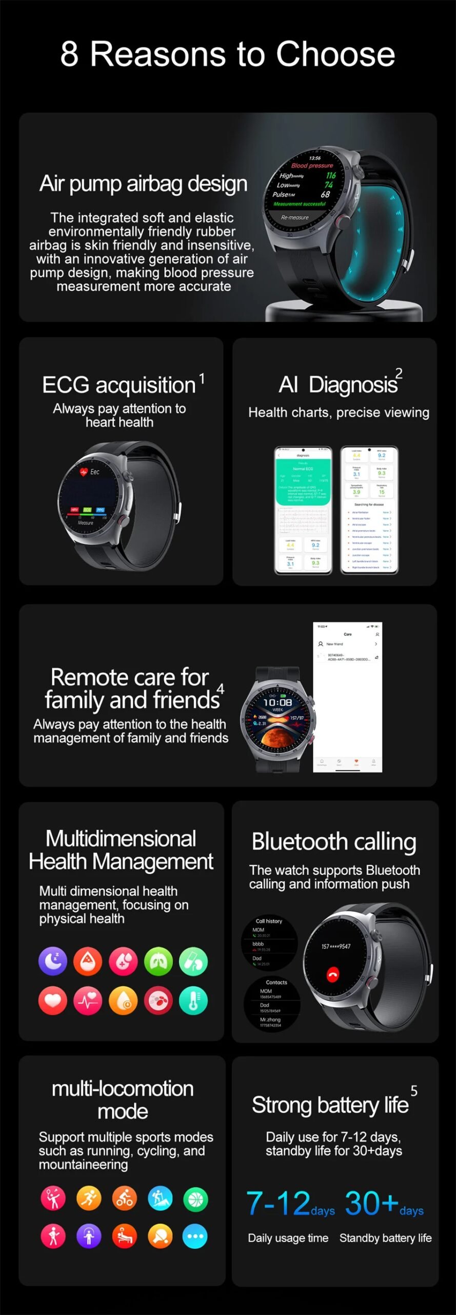 Health Nursing grade SmartWatch NFC Airbag type Smart Watch Air Pump Blood Pressure ECG Blood Oxygen Watches Sapphire Glass Call