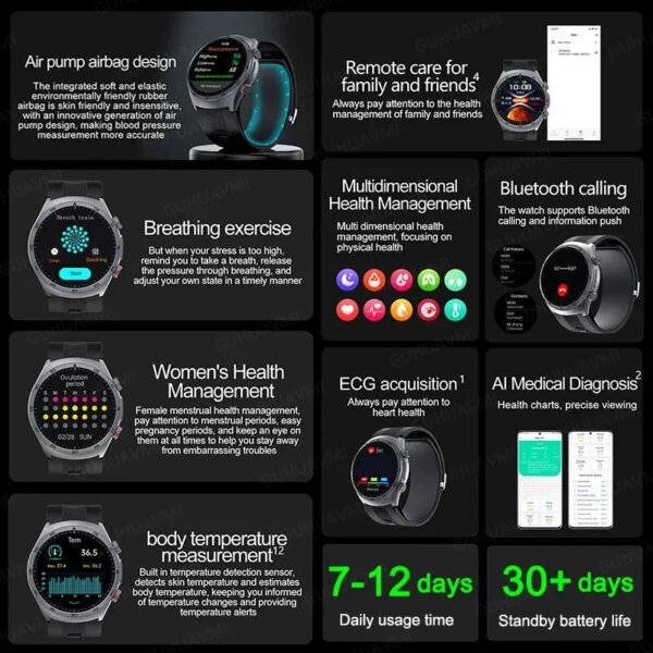 Health Nursing grade SmartWatch NFC Airbag type Smart Watch Air Pump Blood Pressure ECG Blood Oxygen Watches Sapphire Glass Call - Image 2