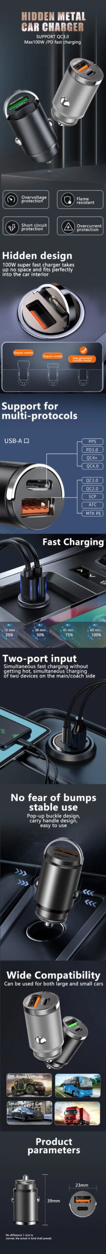 100W Mini Car Charger Lighter Fast Charging for iPhone QC3.0 Mini PD USB Type C Car Phone Charger for Xiaomi Samsung Huawei 100W Mini Car Charger Lighter Fast Charging for iPhone QC3.0 Mini PD USB Type C Car Phone Charger for Xiaomi Samsung Huawei