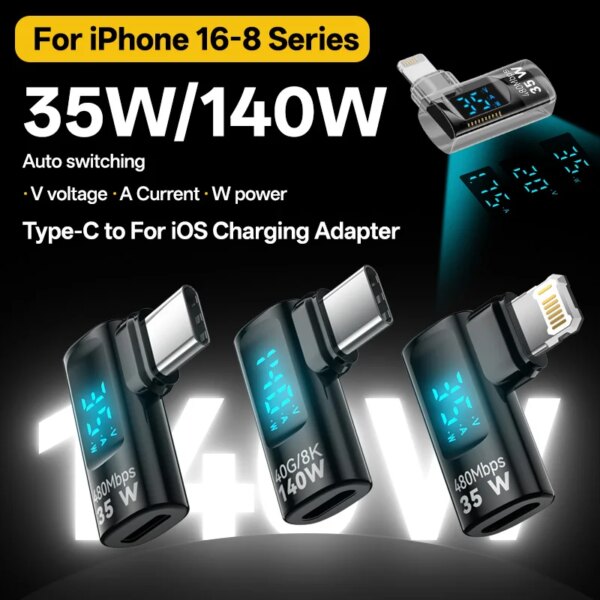 35W Type C to For lightning Adapter 90 Degree PD 140W iOS Fast Charging Power Tester For iPhone 16 15 14 13 Pro Max iPad USB C