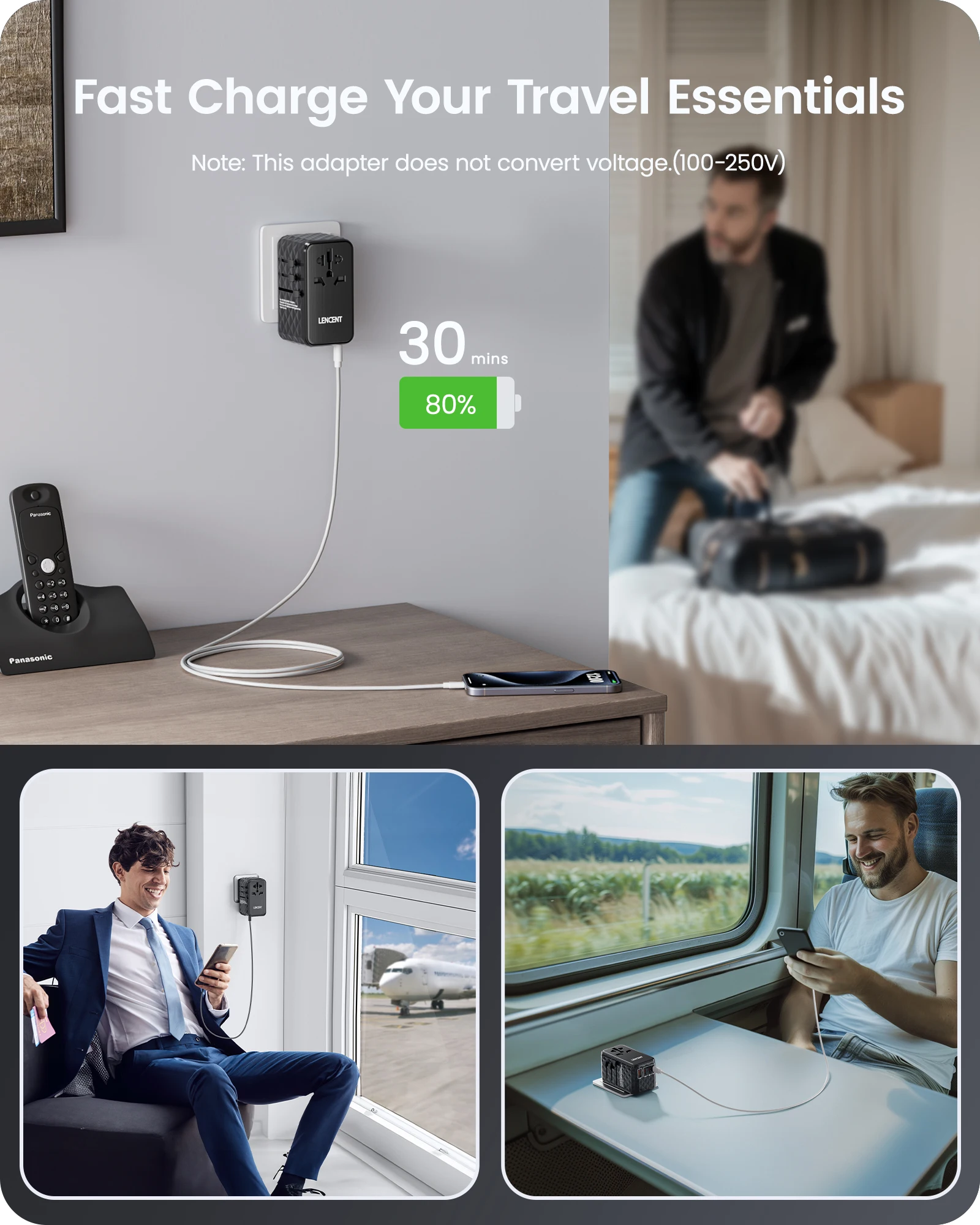 LENCENT 140W GaN Universal Travel Adapter with 1USB-A Ports 3 Type C Fast Charging Power Adapter EU/UK/USA/AUS Plug for Travel LENCENT 140W GaN Universal Travel Adapter with 1USB-A Ports 3 Type C Fast Charging Power Adapter EU/UK/USA/AUS Plug for Travel