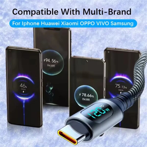 NNBILI 120W TypeC Super Fast Charging Cable For Xiaomi Huawei Samsung USB C Charger Cable 6A LED Digital Display Data Cord 1M 2M - Image 6