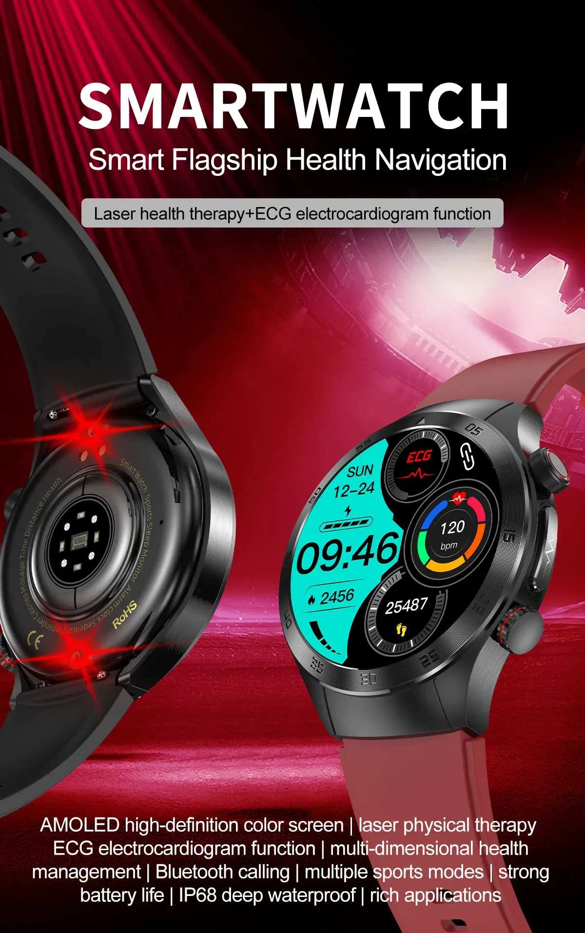 For XIAOMI IOS 650nm Laser Therapy Health Smart Watch Men ECG+PPG Blood Lipids Uric Acid Heart Rate Fitness Tracking Smartwatch