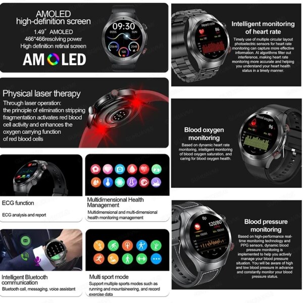 XIAOMI IOS 650nm Laser Therapy Health Smart Watch Men ECG+PPG Blood Lipids Uric Acid Heart Rate Fitness Tracking Smartwatch - Image 4