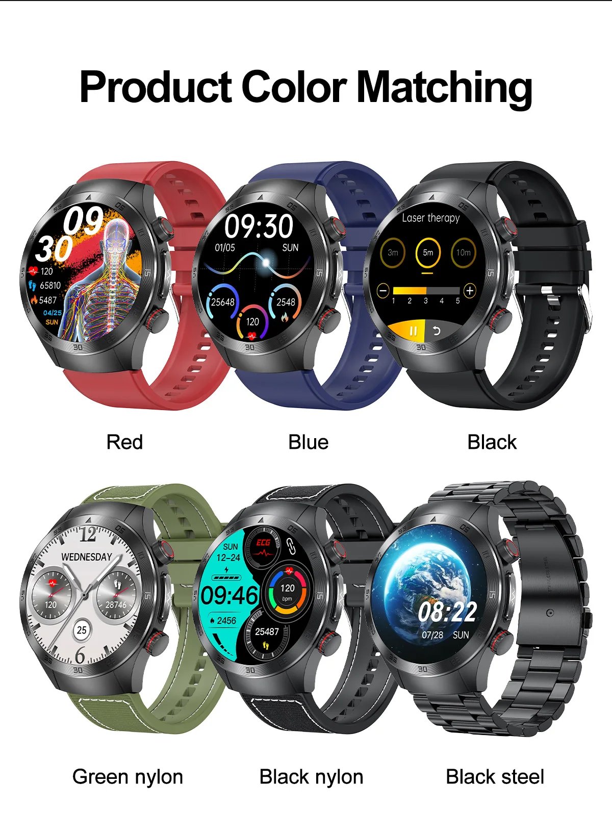 For XIAOMI IOS 650nm Laser Therapy Health Smart Watch Men ECG+PPG Blood Lipids Uric Acid Heart Rate Fitness Tracking Smartwatch