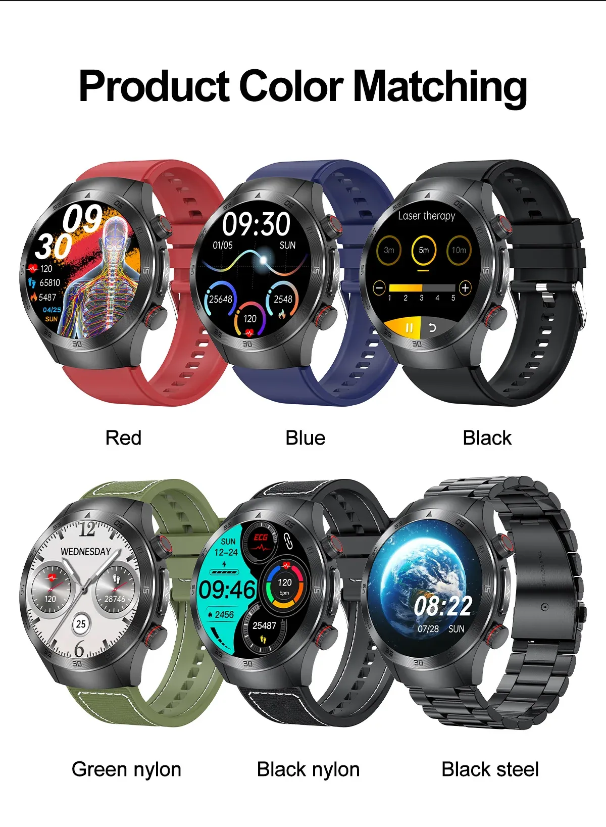 For XIAOMI IOS 650nm Laser Therapy Health Smart Watch Men ECG+PPG Blood Lipids Uric Acid Heart Rate Fitness Tracking Smartwatch