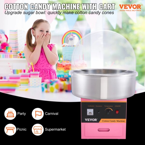 VEVOR Electric Cotton Candy Machine Commercial Floss Maker with Stainless Steel Bowl Sugar Scoop and Drawer for Birthday Party - Image 6