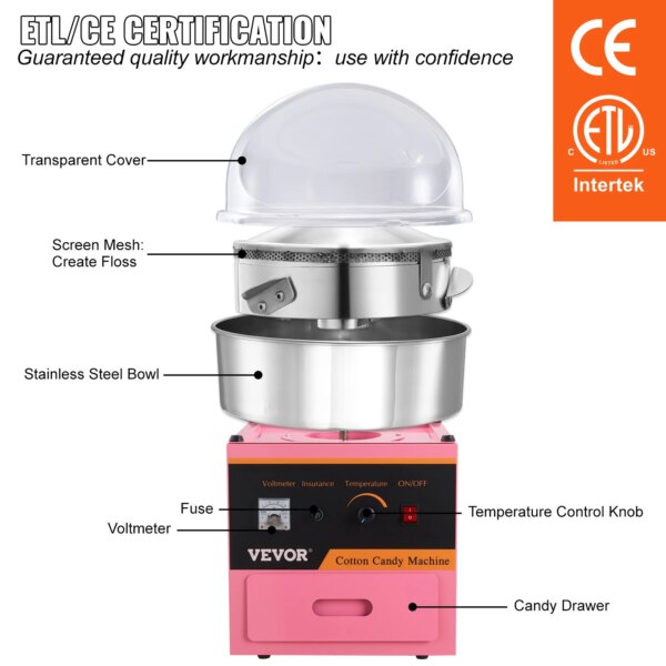 VEVOR Electric Cotton Candy Machine Commercial Floss Maker with Stainless Steel Bowl Sugar Scoop and Drawer for Birthday Party - Image 4