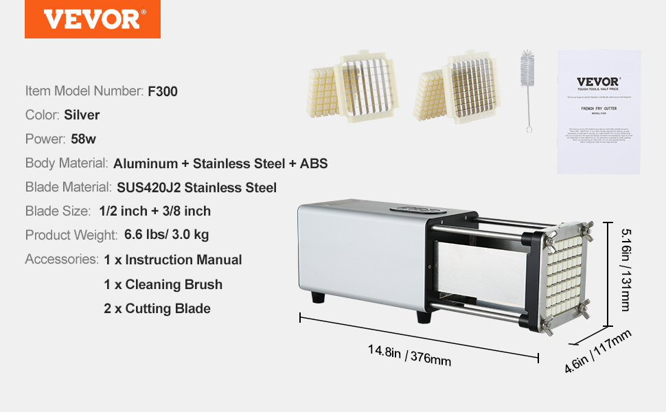 VEVOR French Fry Cutter Potato Slicer 1/2 3/8 1/4-Inch Stainless Steel Blades for Potato French Fries Cucumber Vegetables Carrot VEVOR French Fry Cutter Potato Slicer 1/2 3/8 1/4-Inch Stainless Steel Blades for Potato French Fries Cucumber Vegetables Carrot