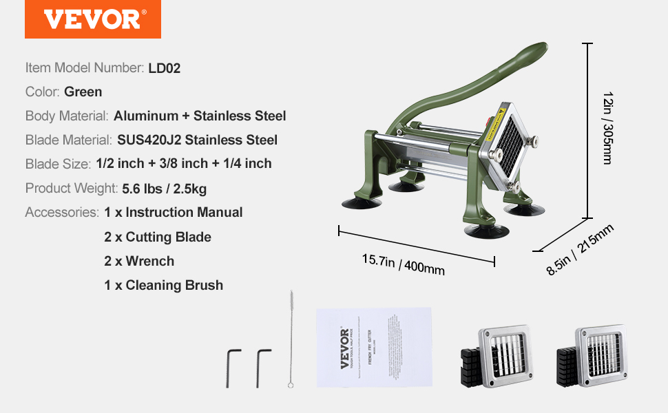 VEVOR French Fry Cutter Potato Slicer 1/2 3/8 1/4-Inch Stainless Steel Blades for Potato French Fries Cucumber Vegetables Carrot VEVOR French Fry Cutter Potato Slicer 1/2 3/8 1/4-Inch Stainless Steel Blades for Potato French Fries Cucumber Vegetables Carrot