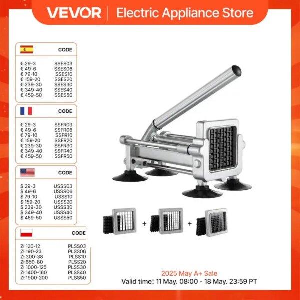 VEVOR French Fry Cutter Potato Slicer 1/2 3/8 1/4-Inch Stainless Steel Blades for Potato French Fries Cucumber Vegetables Carrot