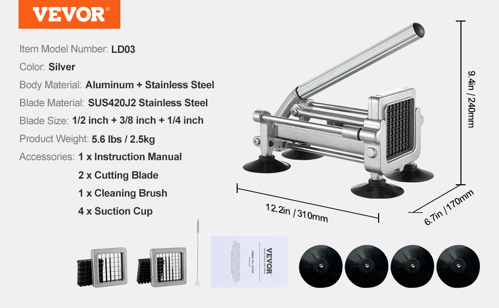 VEVOR French Fry Cutter Potato Slicer 1/2 3/8 1/4-Inch Stainless Steel Blades for Potato French Fries Cucumber Vegetables Carrot VEVOR French Fry Cutter Potato Slicer 1/2 3/8 1/4-Inch Stainless Steel Blades for Potato French Fries Cucumber Vegetables Carrot