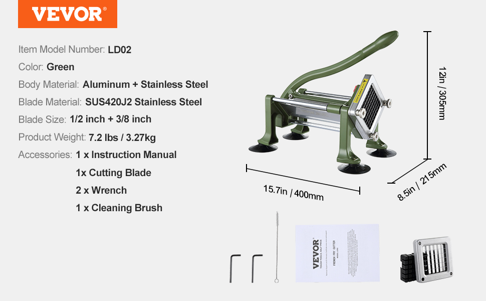 VEVOR French Fry Cutter Potato Slicer 1/2 3/8 1/4-Inch Stainless Steel Blades for Potato French Fries Cucumber Vegetables Carrot VEVOR French Fry Cutter Potato Slicer 1/2 3/8 1/4-Inch Stainless Steel Blades for Potato French Fries Cucumber Vegetables Carrot