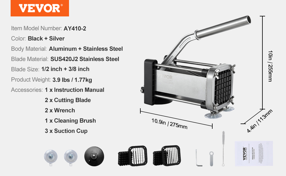 VEVOR French Fry Cutter Potato Slicer 1/2 3/8 1/4-Inch Stainless Steel Blades for Potato French Fries Cucumber Vegetables Carrot VEVOR French Fry Cutter Potato Slicer 1/2 3/8 1/4-Inch Stainless Steel Blades for Potato French Fries Cucumber Vegetables Carrot