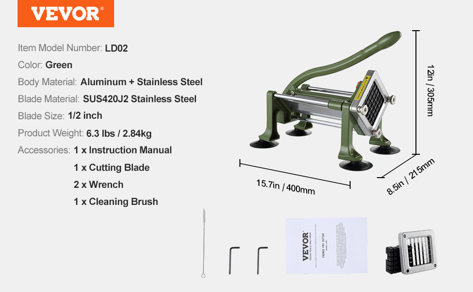 VEVOR French Fry Cutter Potato Slicer 1/2 3/8 1/4-Inch Stainless Steel Blades for Potato French Fries Cucumber Vegetables Carrot VEVOR French Fry Cutter Potato Slicer 1/2 3/8 1/4-Inch Stainless Steel Blades for Potato French Fries Cucumber Vegetables Carrot