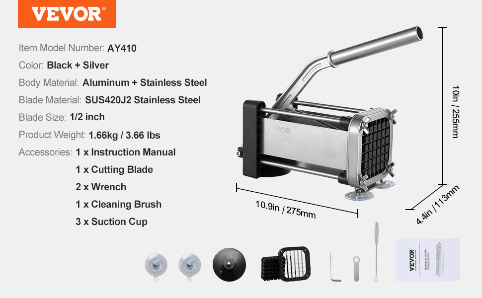 VEVOR French Fry Cutter Potato Slicer 1/2 3/8 1/4-Inch Stainless Steel Blades for Potato French Fries Cucumber Vegetables Carrot VEVOR French Fry Cutter Potato Slicer 1/2 3/8 1/4-Inch Stainless Steel Blades for Potato French Fries Cucumber Vegetables Carrot