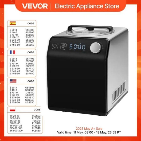 VEVOR Upright Automatic Ice Cream Maker with Built-in Compressor, 2 Quart No Pre-freezing