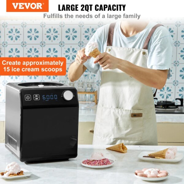 VEVOR Upright Automatic Ice Cream Maker with Built-in Compressor, 2 Quart No Pre-freezing - Image 2