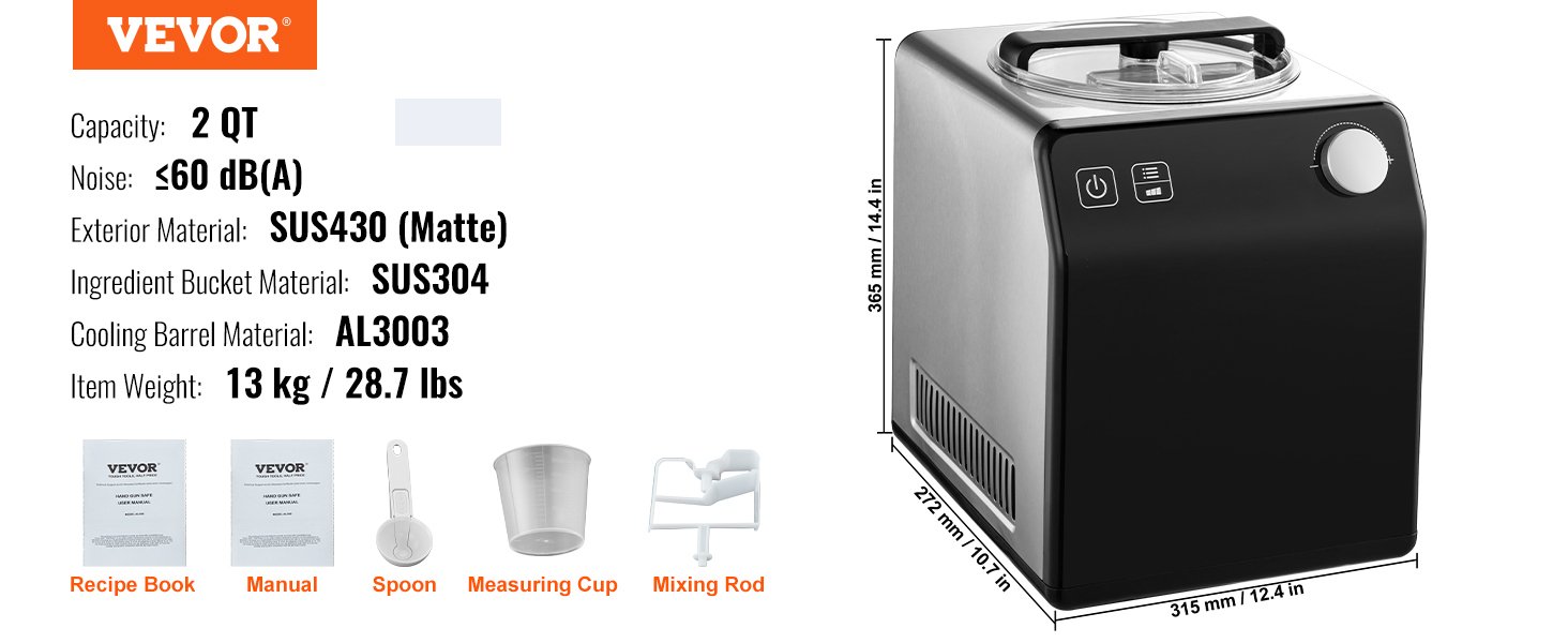 VEVOR Upright Automatic Ice Cream Maker with Built-in Compressor, 2 Quart No Pre-freezing VEVOR Upright Automatic Ice Cream Maker with Built-in Compressor, 2 Quart No Pre-freezing