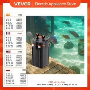 VEVOR Aquarium Filter 264GPH 3-Stage Canister Filter Ultra-Quiet Internal Aquarium Filter with UV Protection for Fish Tanks