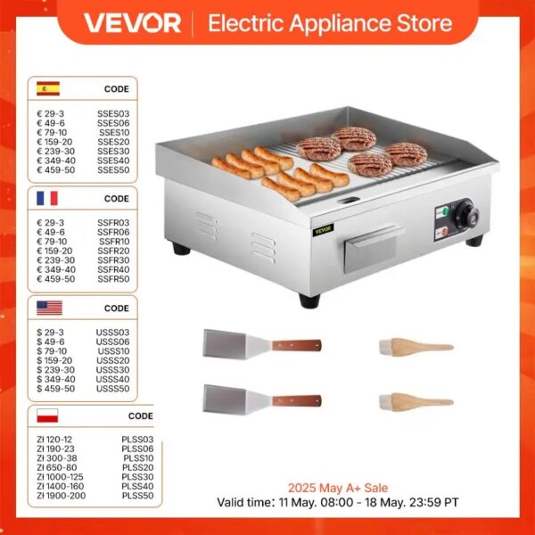 VEVOR Electric Countertop Griddle 14"-22" Teppanyaki Grill 1600W/3200W Stainless Steel Flat Top Grills for Pancake Chicken