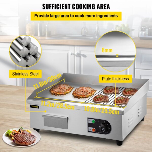 VEVOR Electric Countertop Griddle 14"-22" Teppanyaki Grill 1600W/3200W Stainless Steel Flat Top Grills for Pancake Chicken - Image 3
