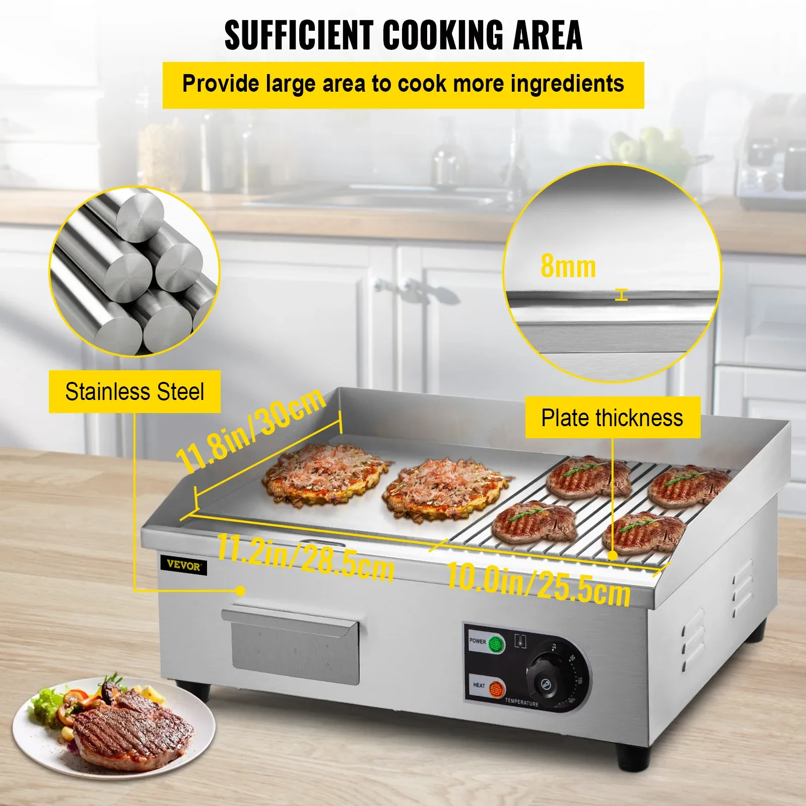 VEVOR Electric Countertop Griddle 14"-22" Teppanyaki Grill 1600W/3200W Stainless Steel Flat Top Grills for Pancake Chicken - Image 3