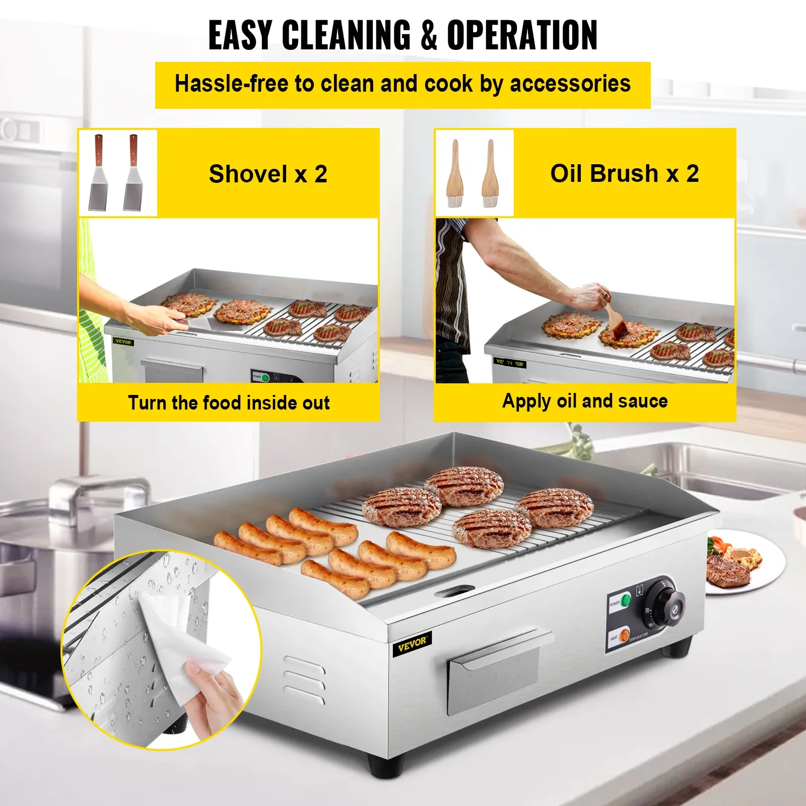 VEVOR Electric Countertop Griddle 14"-22" Teppanyaki Grill 1600W/3200W Stainless Steel Flat Top Grills for Pancake Chicken - Image 6